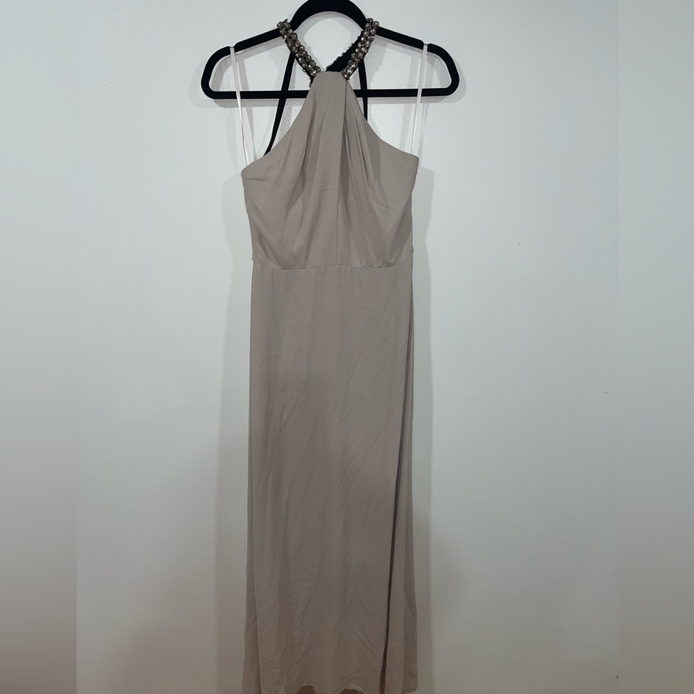 Floor length, beige/grey high neckline, low back BCBGMAXAZRIA dress